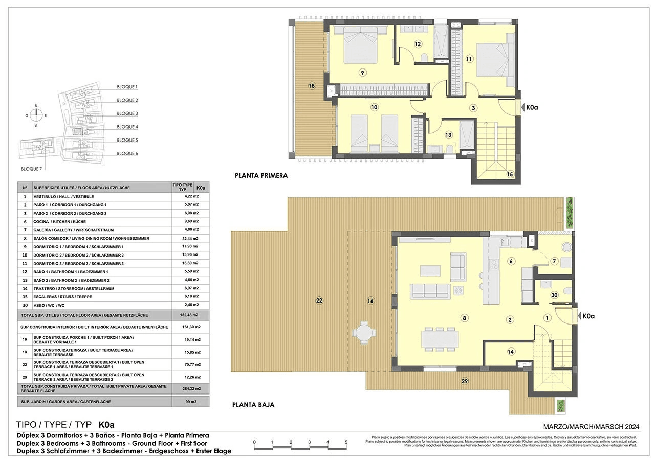 Maisonette-Wohnungen mit 3 Schlafzimmern, 2 Bädern, Gäste-WC, Fußbodenheizung in Bädern, Klimaanlage und Gemeinschaftspool nur 300 m vom Strand