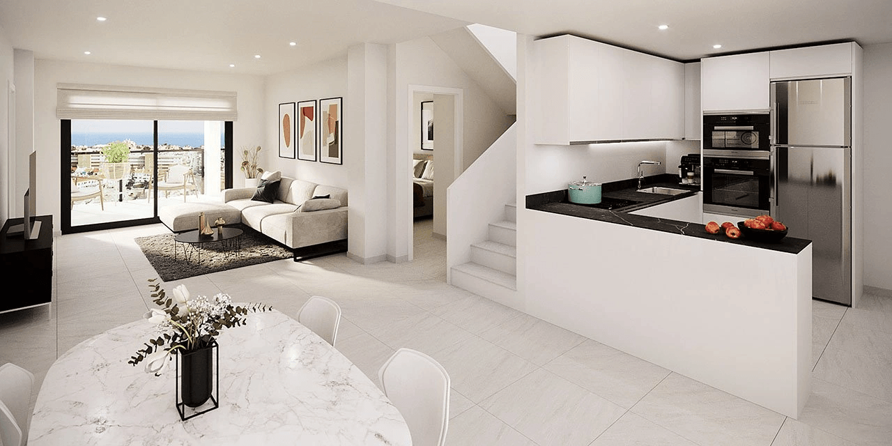 Penthouses avec 3 chambres, terrasse sur le toit, climatisation pré-installation, parking privé et piscine communautaire à seulement 700 m de la plage