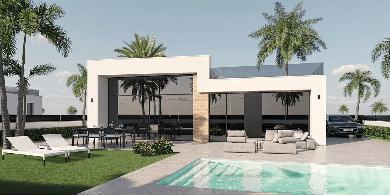 Villas de 3 dormitorios y 2 baños con solario, preinstalación aire acondicionado y piscina privada en el Condado de Alhama Golf Resort