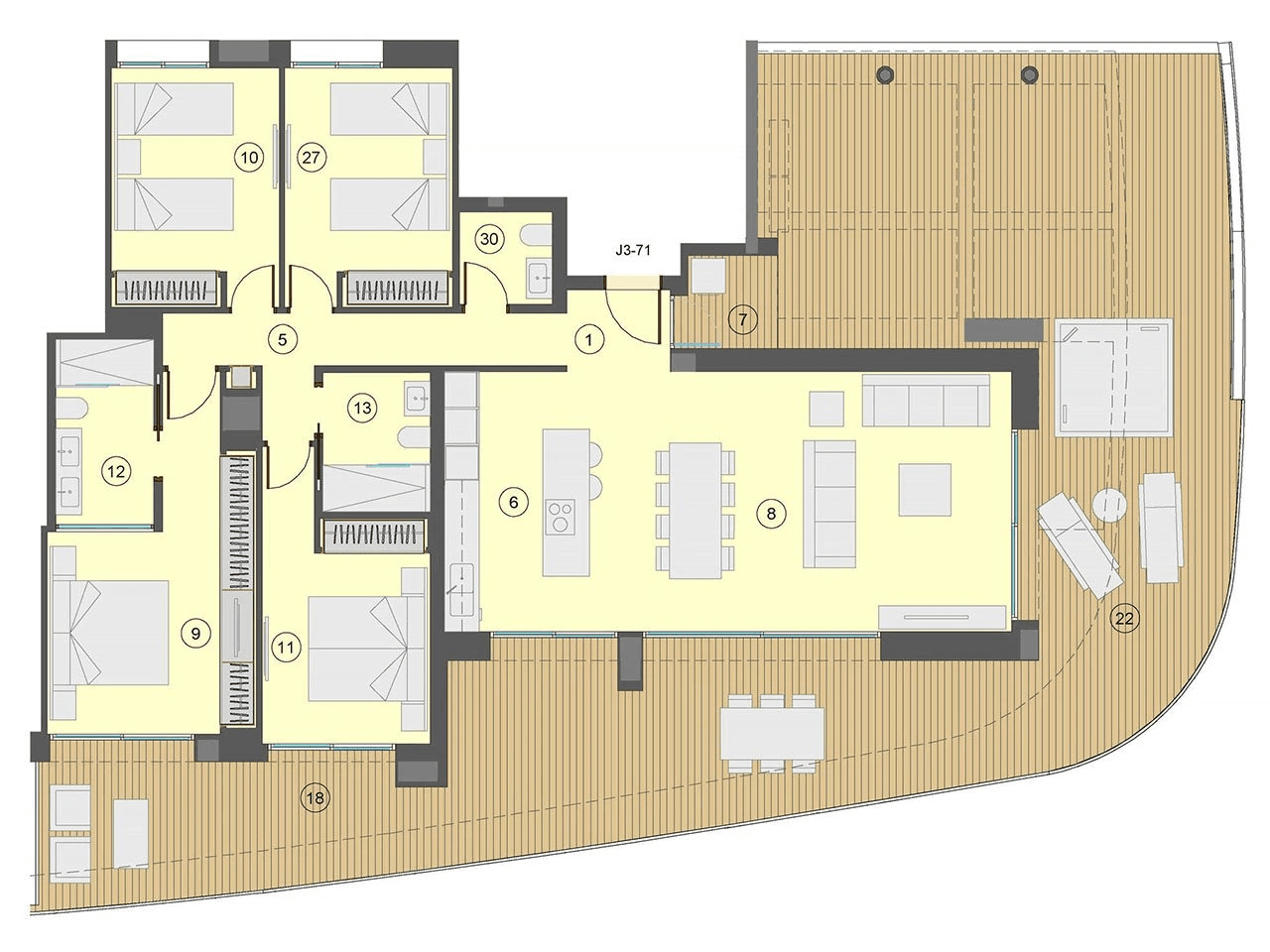 Appartements avec 4 chambres, 2 salles de bain, W.C., climatisation et vue sur la mer à seulement 100 m de la plage