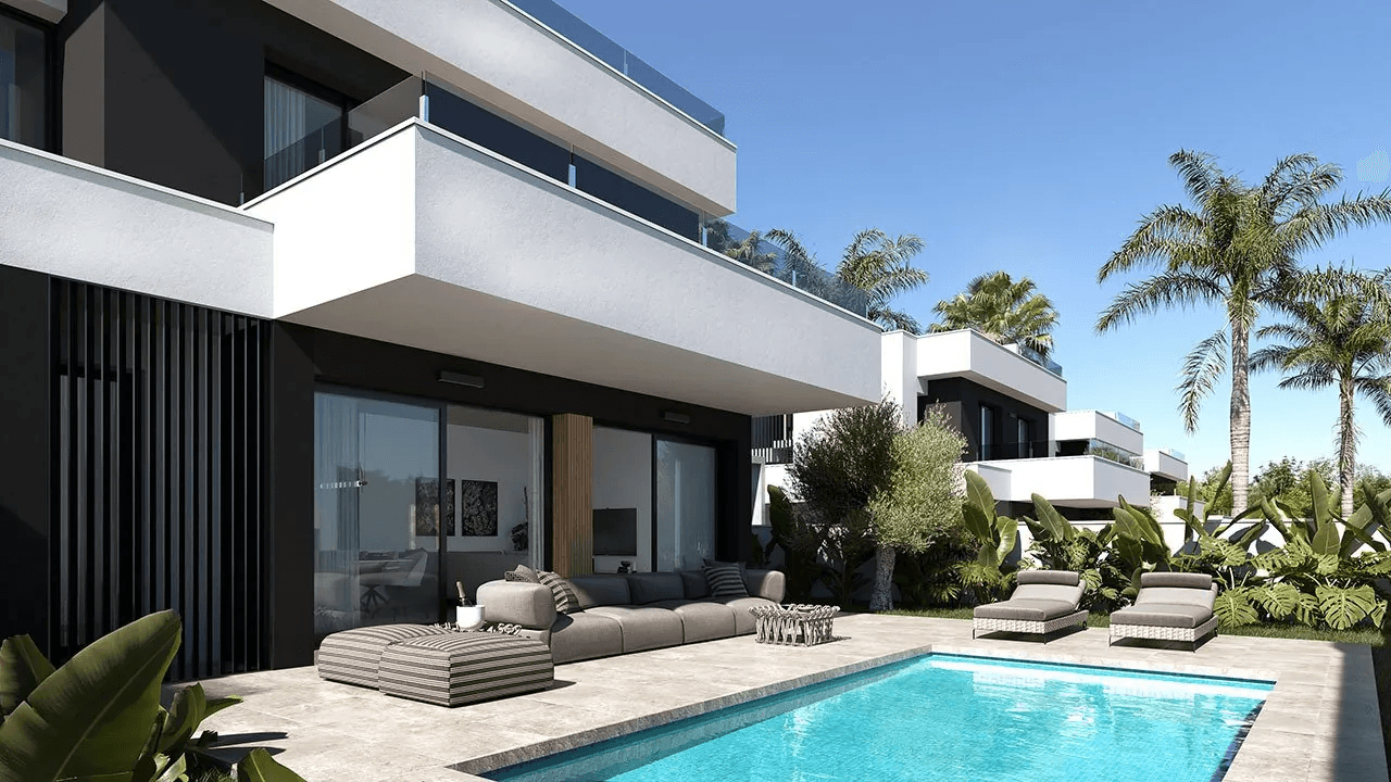 Villas sur deux étages avec 3 chambres, toit-terrasse, cuisines équipées d’électroménagers, climatisation, parking privé et piscine privée