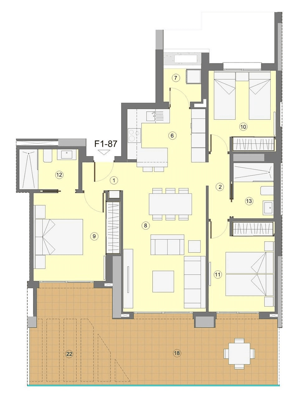 Appartements avec 3 chambres, 2 salles de bain, climatisation et vue sur la mer à seulement 1 km de la plage
