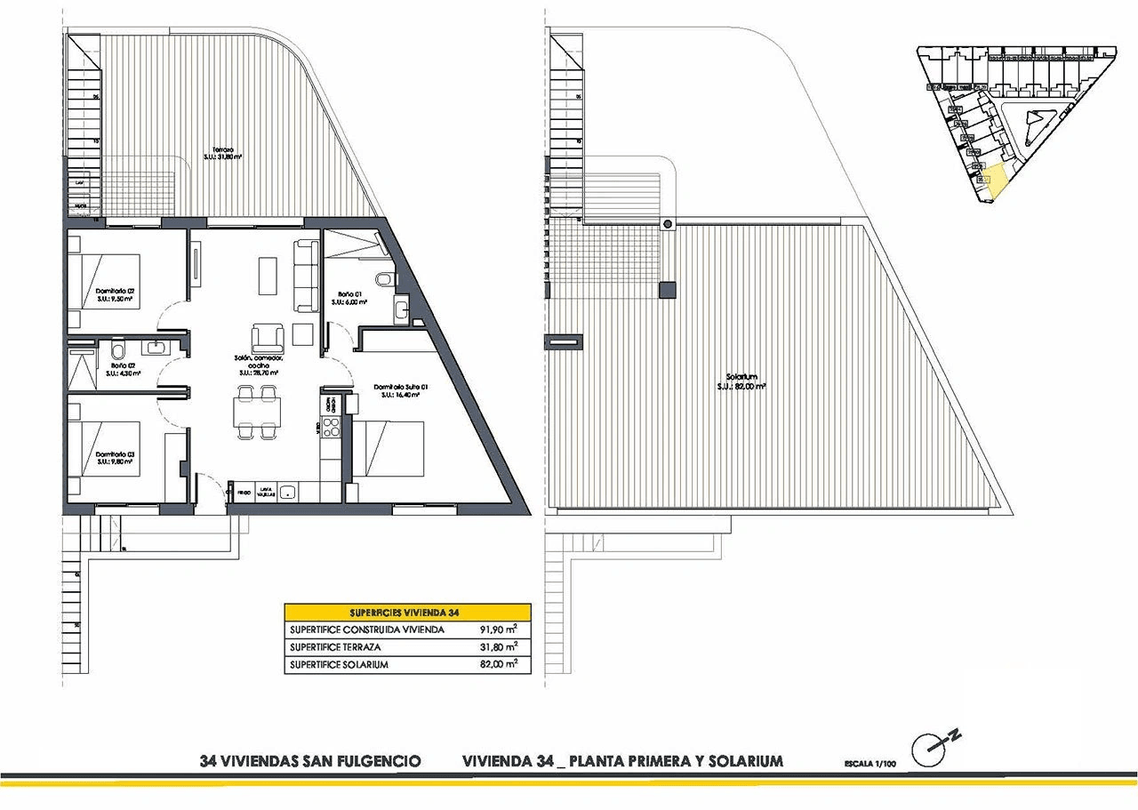 Appartements au dernier étage avec 3 chambres, 2 salles de bains, toit-terrasse, parking privé et piscine communautaire