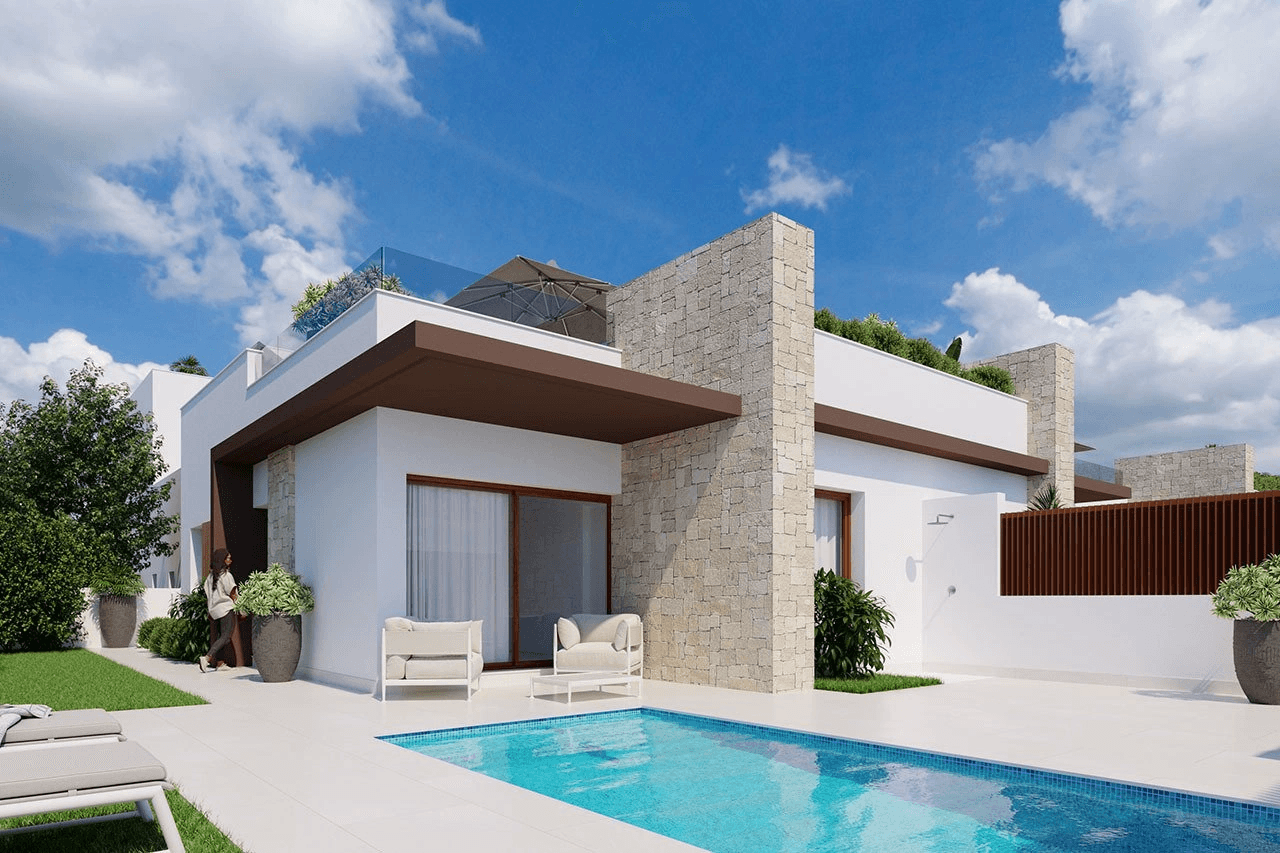 Maisons jumelées avec 2 chambres, 2 salles de bains, parking privée et piscine privée dans un complexe de golf