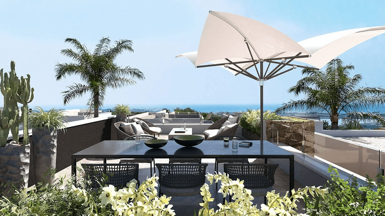 Villas plain-pied de 3 chambres avec toit-terrasse, cuisines équipées d’électroménagers, climatisation, parking privé et piscine privée