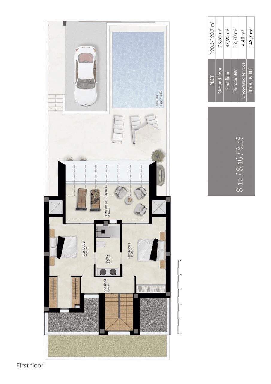 Maisons mitoyennes spacieuses avec 3 chambres, 2 salles de bains, W.C., piscine privée et parking privée