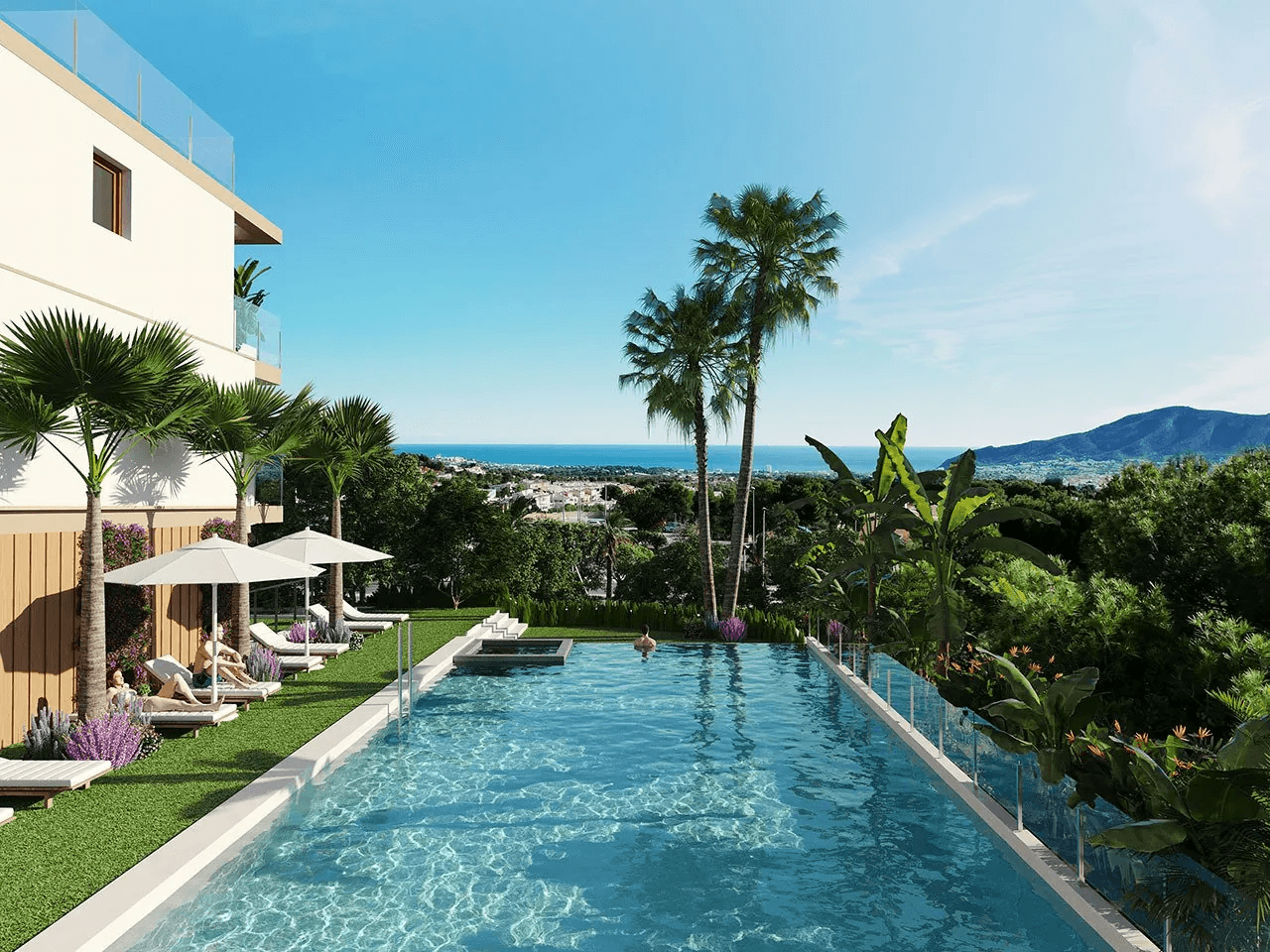Maisons mitoyennes avec 4 chambres, 3 salles de bains, WC invités, vue sur la mer, climatisation, place de parking et piscine commune