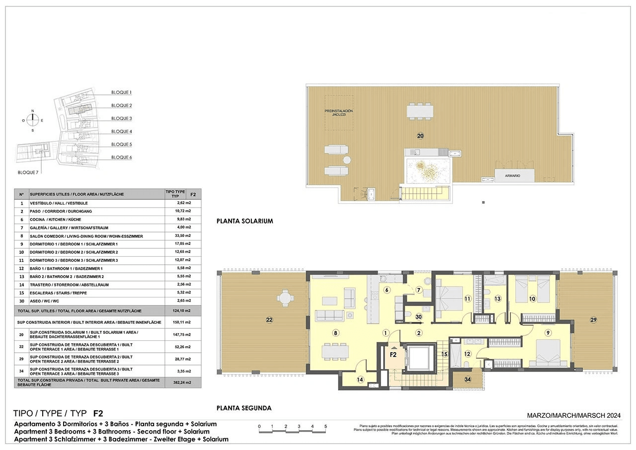 Penthouse-Wohnungen mit 3 Schlafzimmern, Dachterrasse, Fußbodenheizung in Bädern, Klimaanlage und Gemeinschaftspool nur 300 m vom Strand