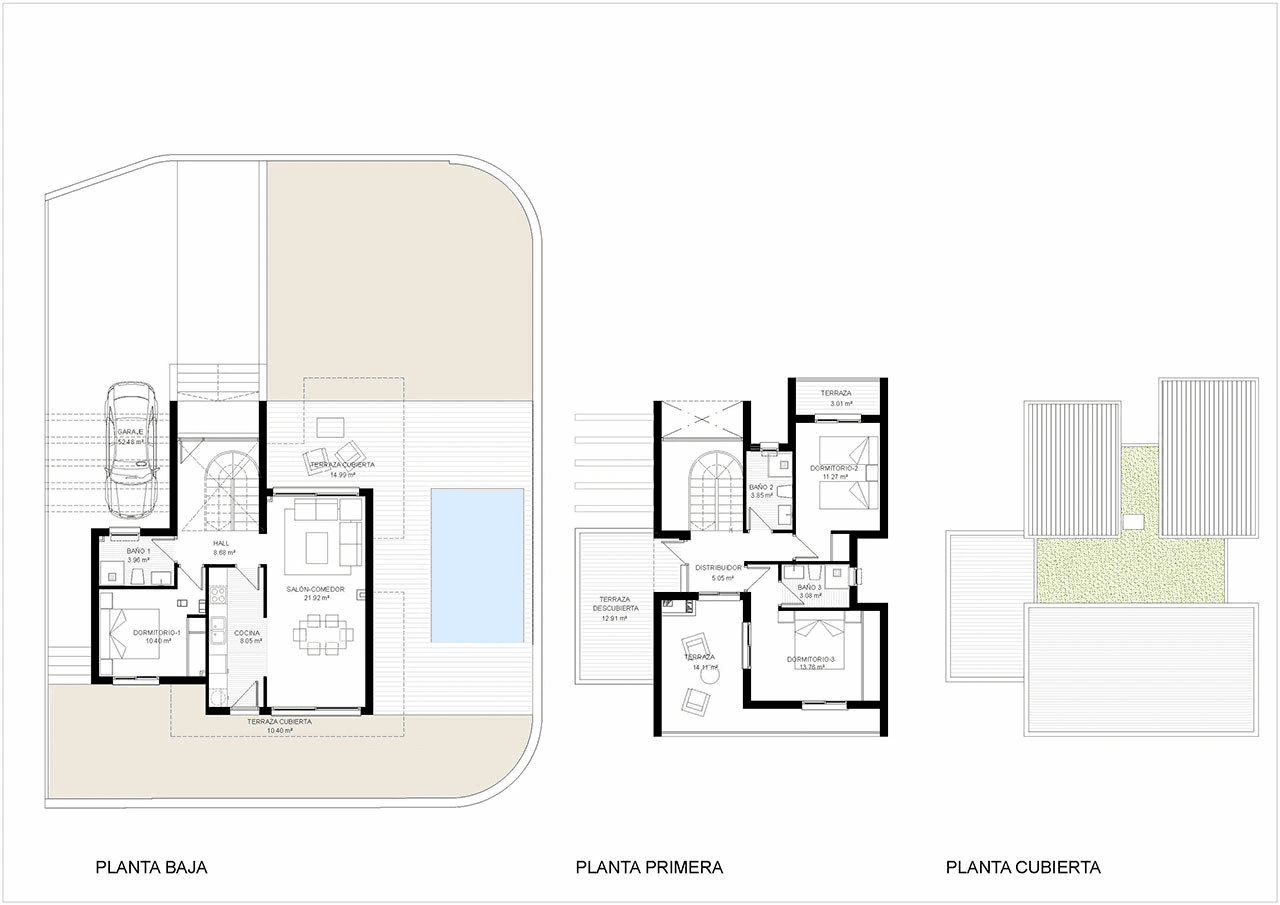 Villas avec 3 chambres, 3 salles de bains, air conditionné, vue sur la mer, piscine privée et place de parking