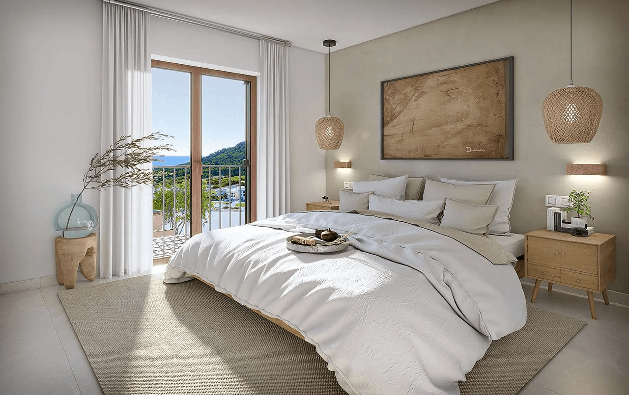Appartements avec 2 chambres, 2 salles de bains, climatisation, piscine commune, place de parking souterrain et vue sur la mer