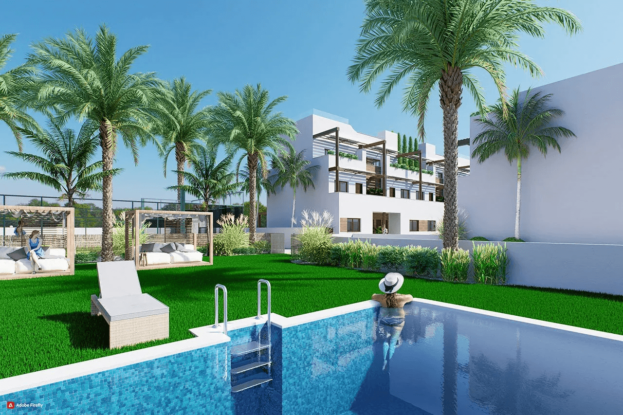 Bungalows altos de 2 dormitorios y 2 baños con solario, parking privado y piscina comunitaria a tan solo 200 m de la playa