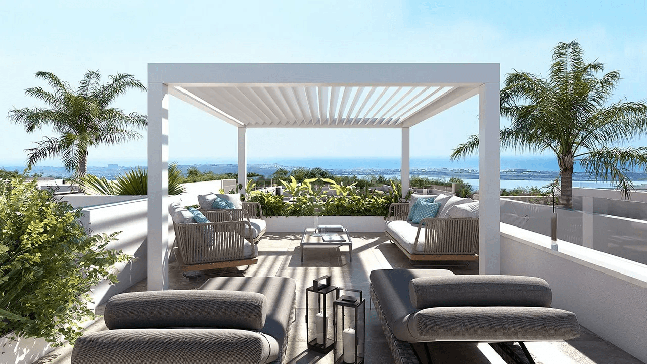 Villas plain-pied de 3 chambres avec toit-terrasse, cuisines équipées d’électroménagers, climatisation, parking privé et piscine privée