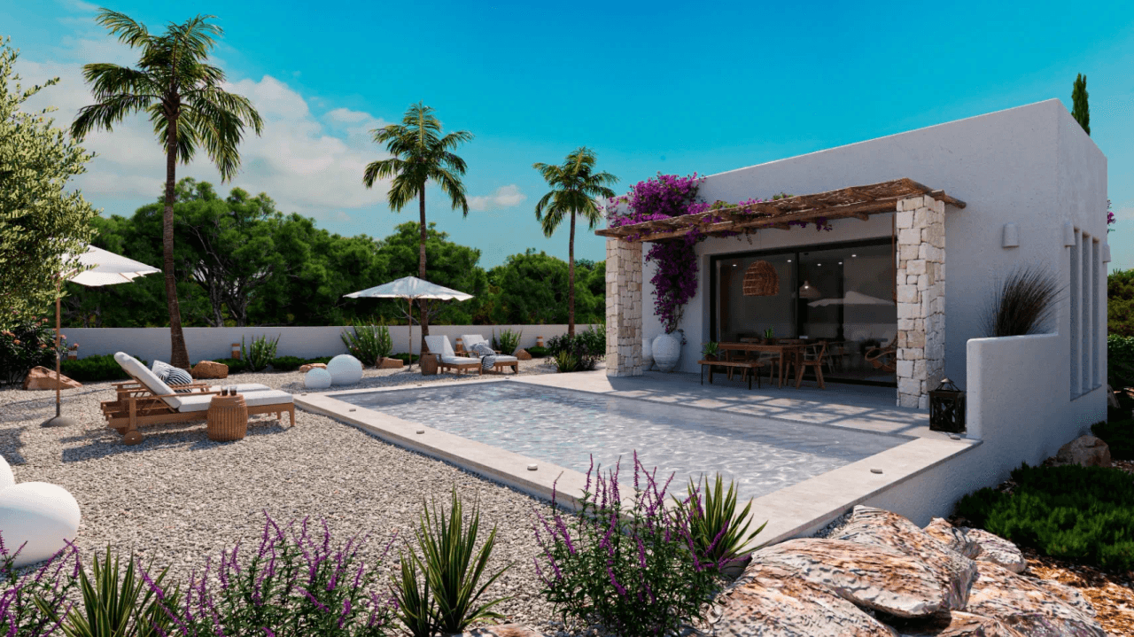 Sehr schönes Neubauprojekt im Ibiza Stil auf einem großen flachen Grundstück in Denia