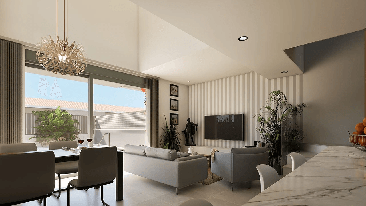 Villas jumelées avec 3 chambres, 3 salles de bains, terrasse sur le toit, pré-installation de la climatisation et piscine privée