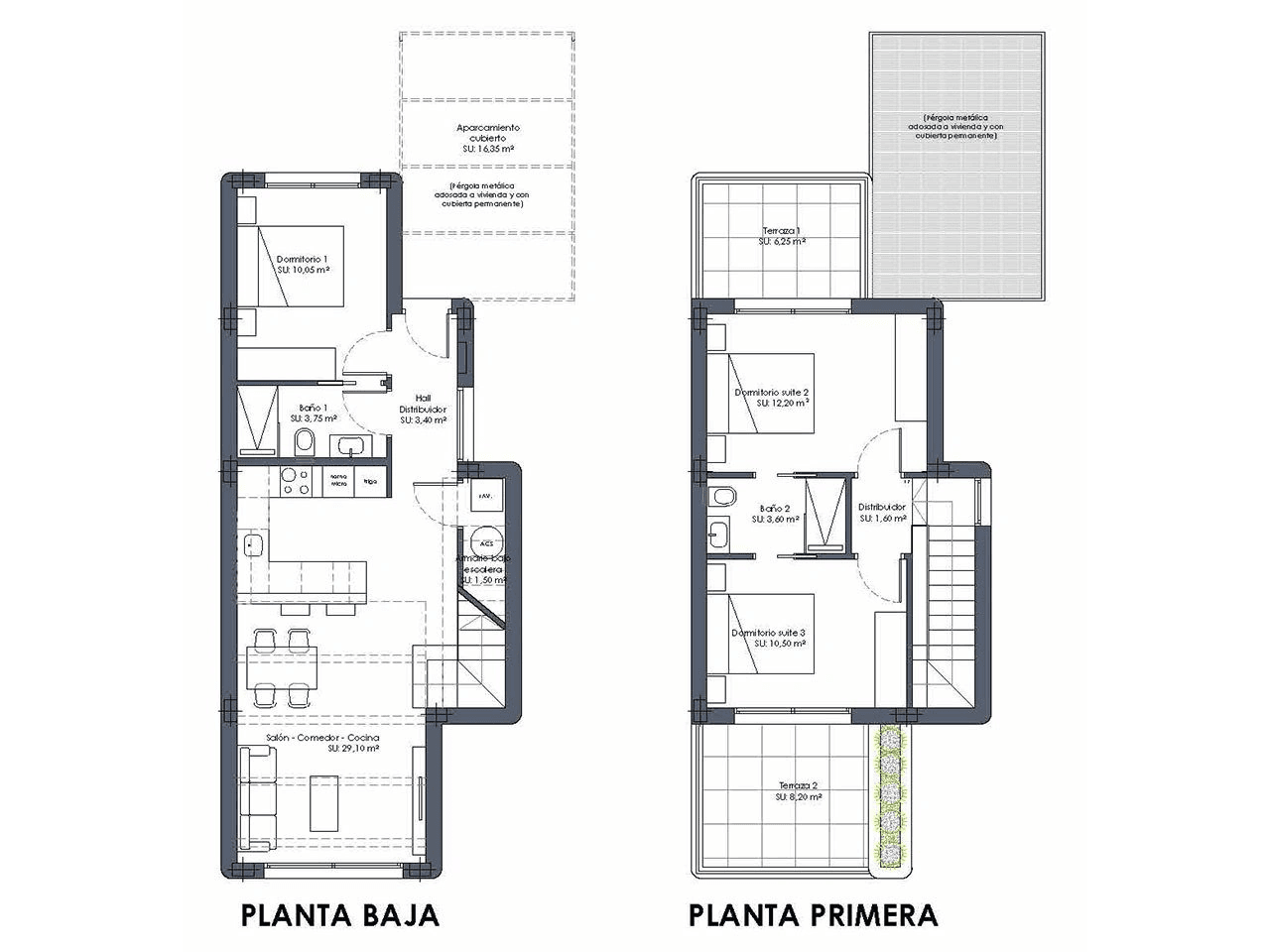 Villas de dos plantas con 3 dormitorios, 2 baños, preinstalación aire acondicionado y piscina privada en el campo La Serena Golf