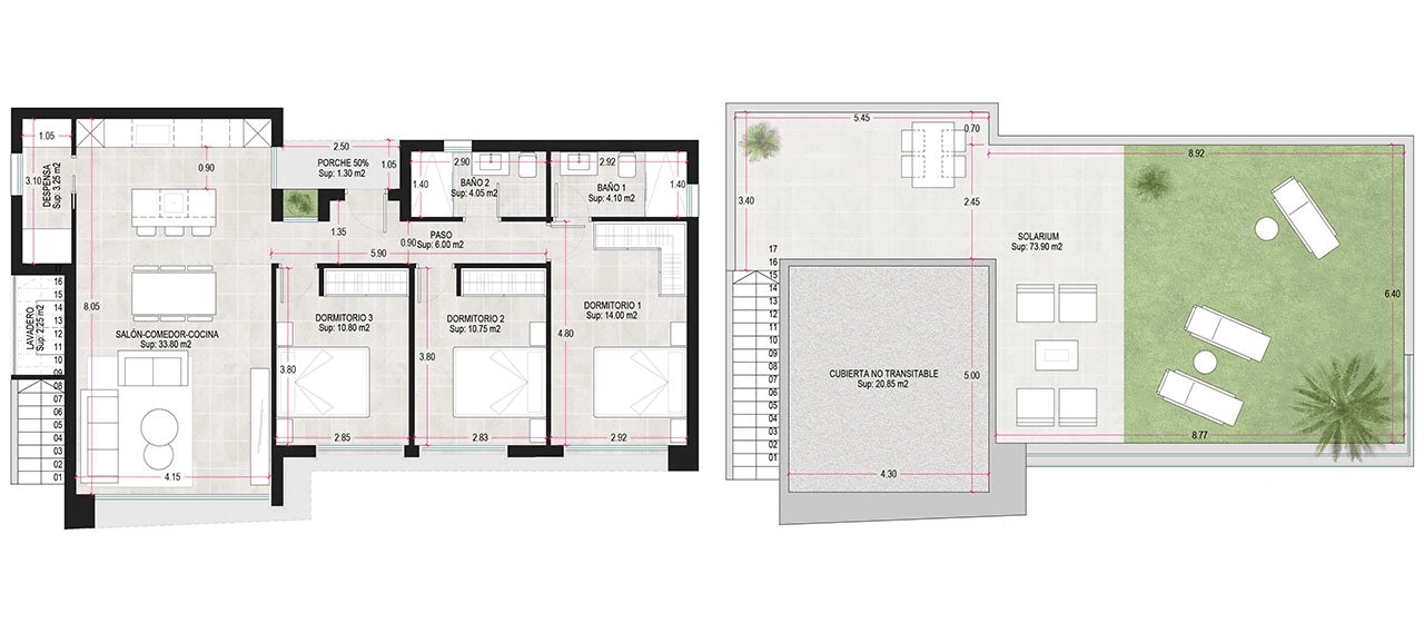Villas de 3 dormitorios y 2 baños con solario, preinstalación aire acondicionado y piscina privada en el Condado de Alhama Golf Resort
