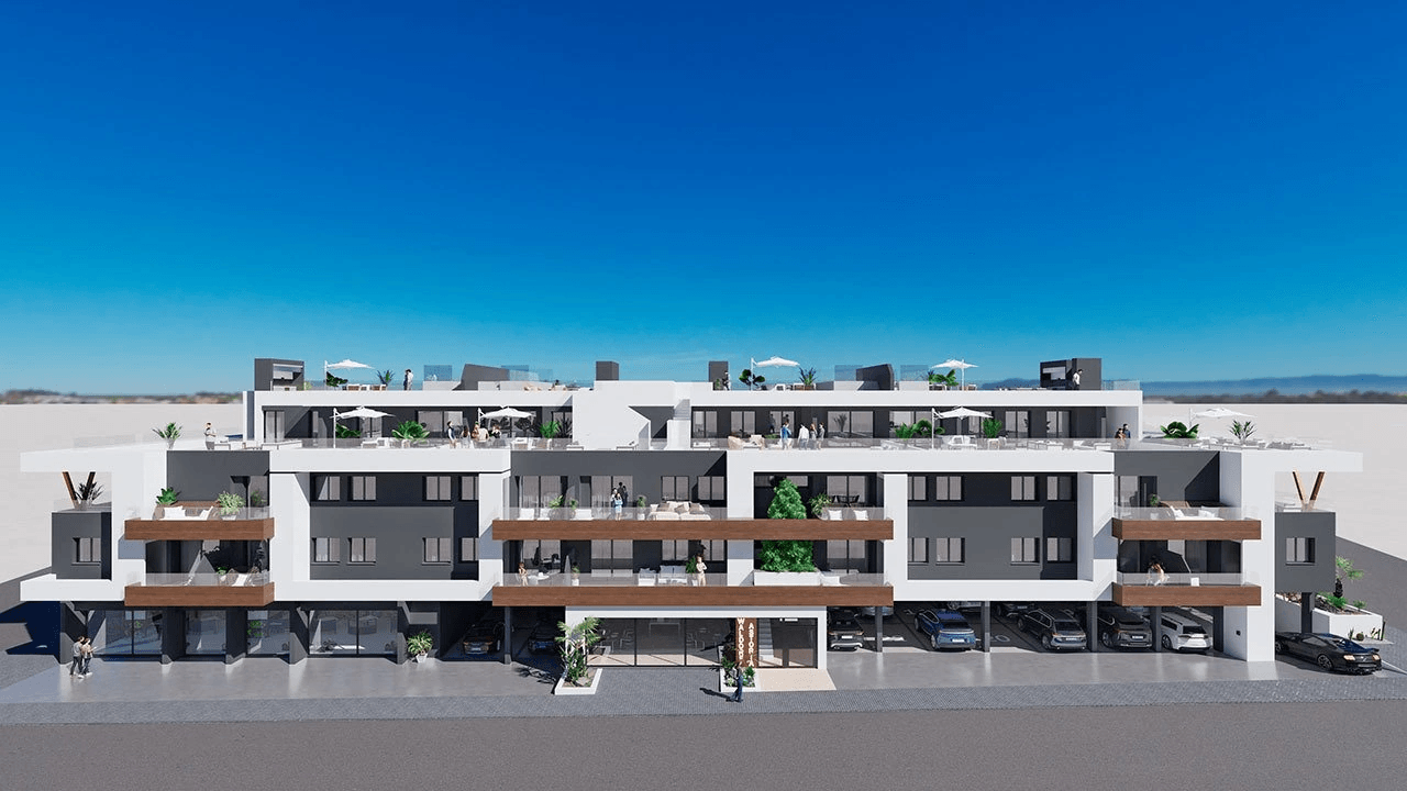 Appartements avec 3 chambres, 2 salles de bain, cuisine équipée moderne avec des appareils électriques et piscine communautaire