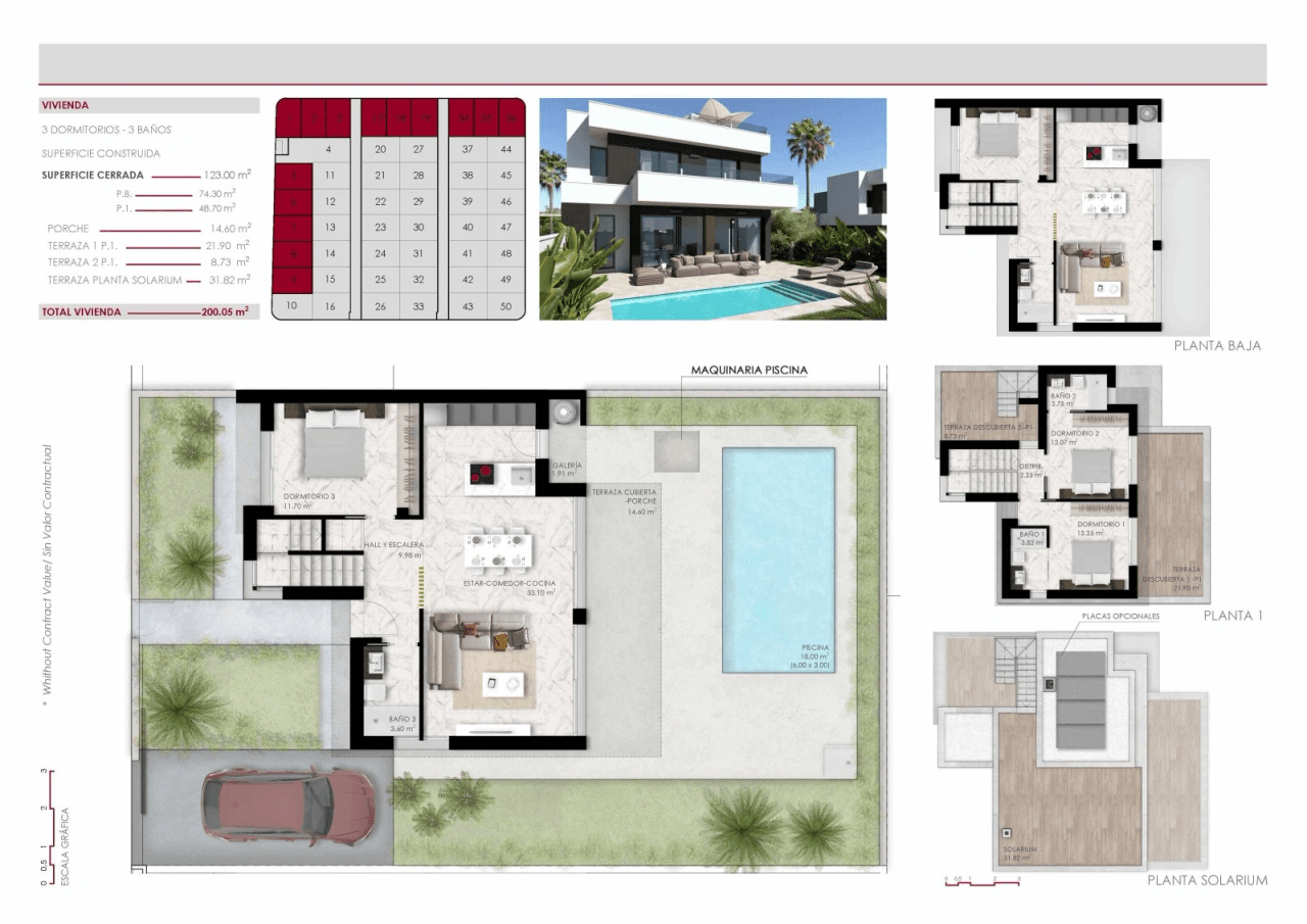 Villas sur deux étages avec 3 chambres, toit-terrasse, cuisines équipées d’électroménagers, climatisation, parking privé et piscine privée