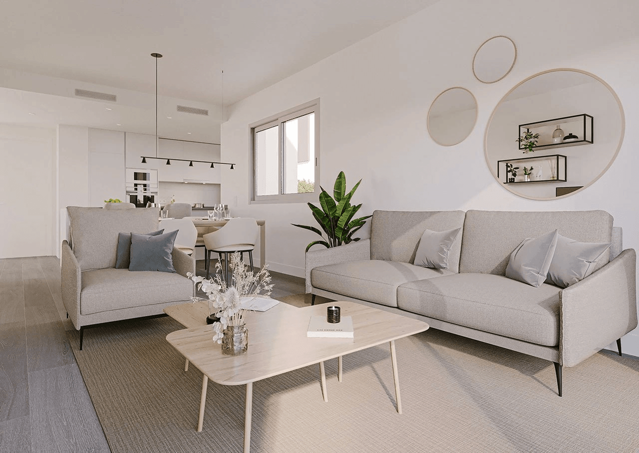 Maisonette-Wohnungen mit 3 Schlafzimmern, 2 Bädern, Gäste-WC, Fußbodenheizung in Bädern, Klimaanlage und Gemeinschaftspool nur 300 m vom Strand