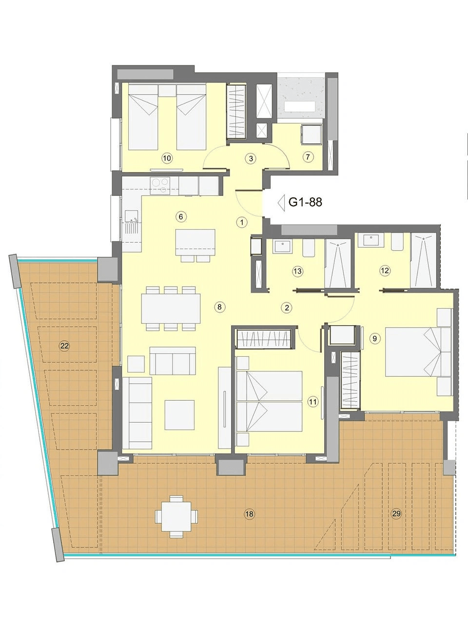 Appartements avec 3 chambres, 2 salles de bain, climatisation et vue sur la mer à seulement 1 km de la plage