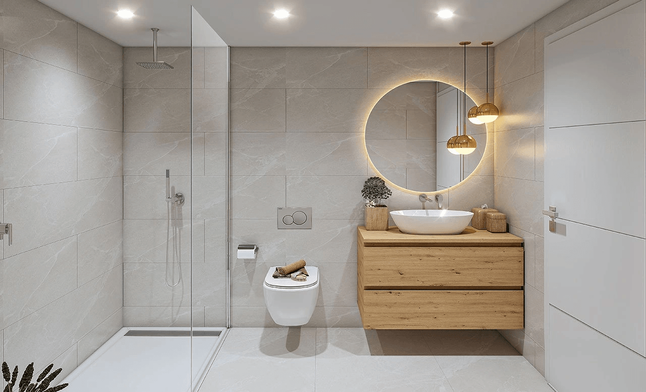 Appartements avec 2 chambres, 2 salles de bains, climatisation, piscine commune, place de parking souterrain et vue sur la mer