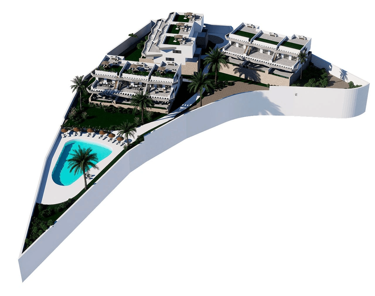 Appartements de 3 chambres au rez-de-chaussée avec 2 salles de bains, piscine communautaire et vue sur la mer