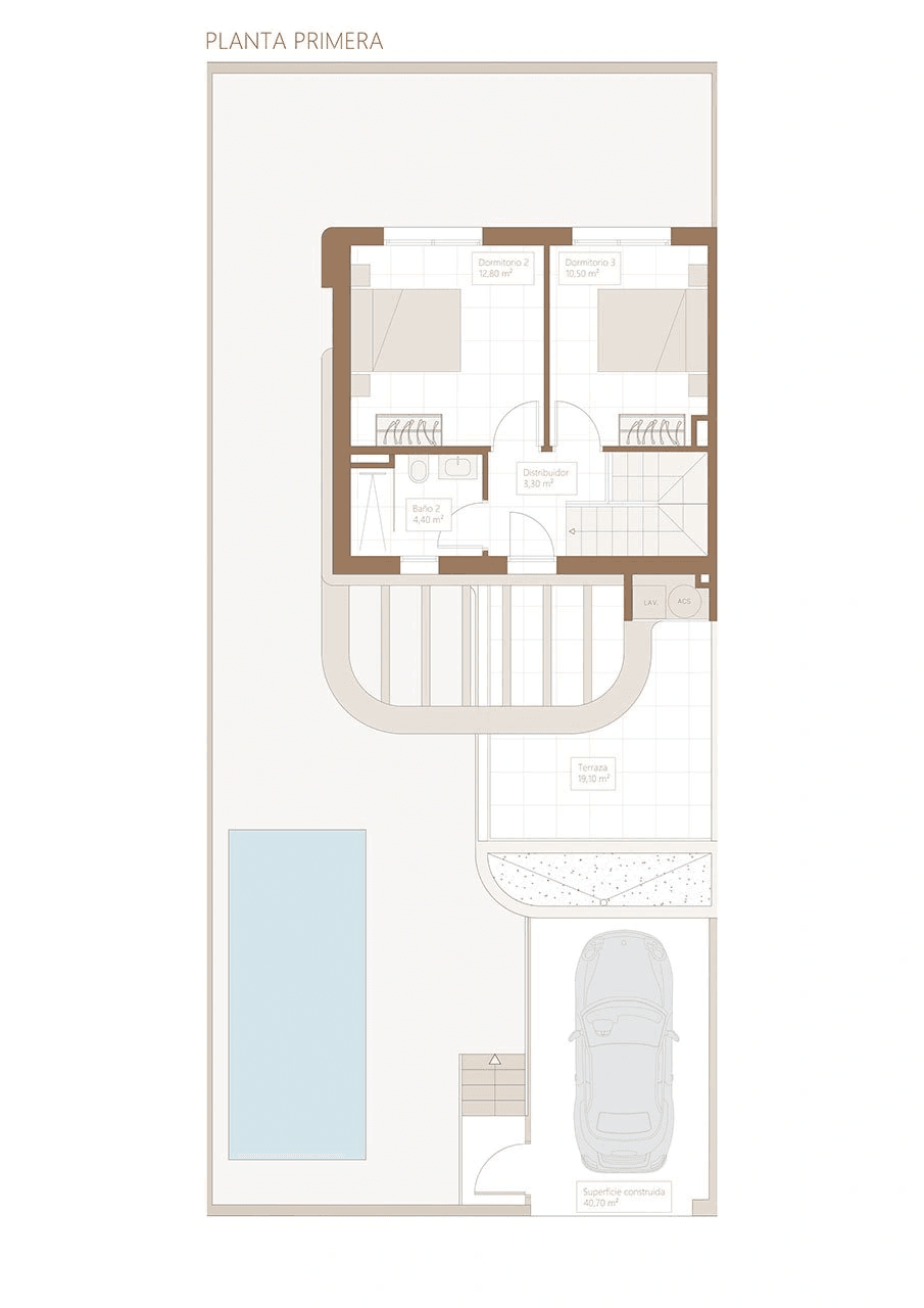 Villas jumelées avec 3 chambres, 2 salles de bains, WC invités, terrasse sur le toit, place de parking et piscine privée en option