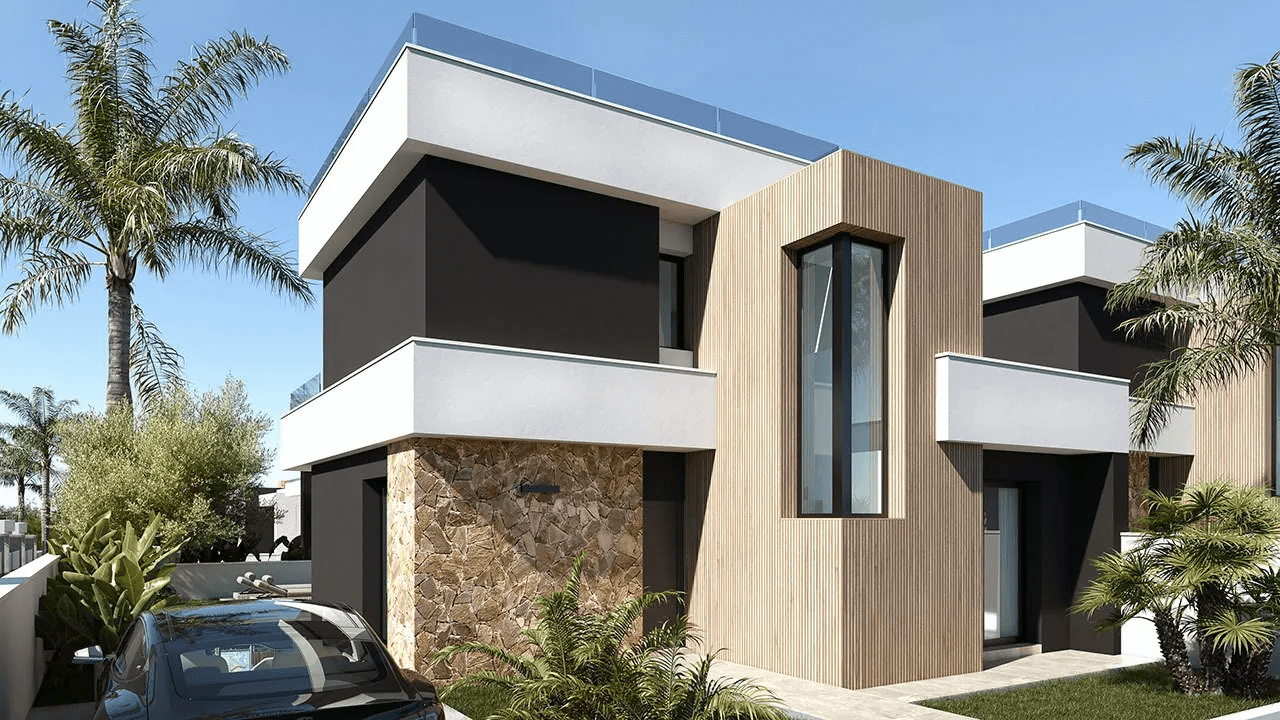 Villas sur deux étages avec 3 chambres, toit-terrasse, cuisines équipées d’électroménagers, climatisation, parking privé et piscine privée