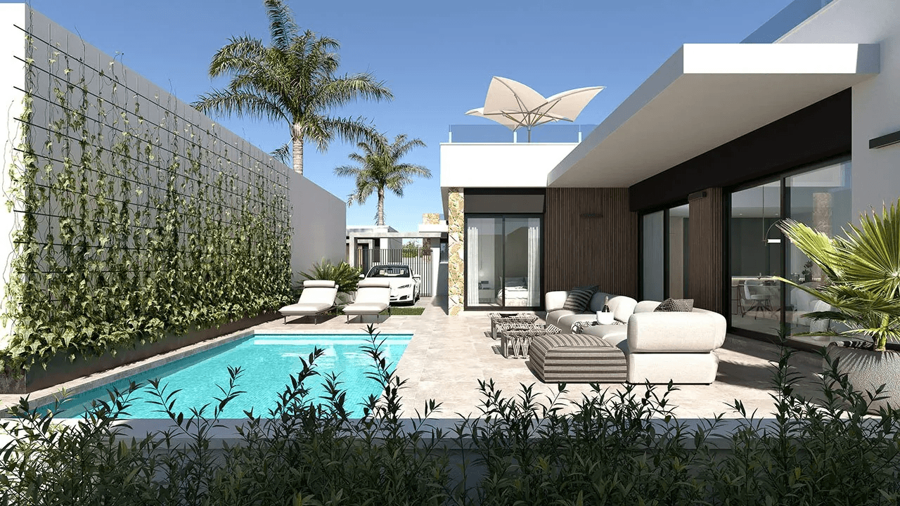 Villas plain-pied de 3 chambres avec toit-terrasse, cuisines équipées d’électroménagers, climatisation, parking privé et piscine privée