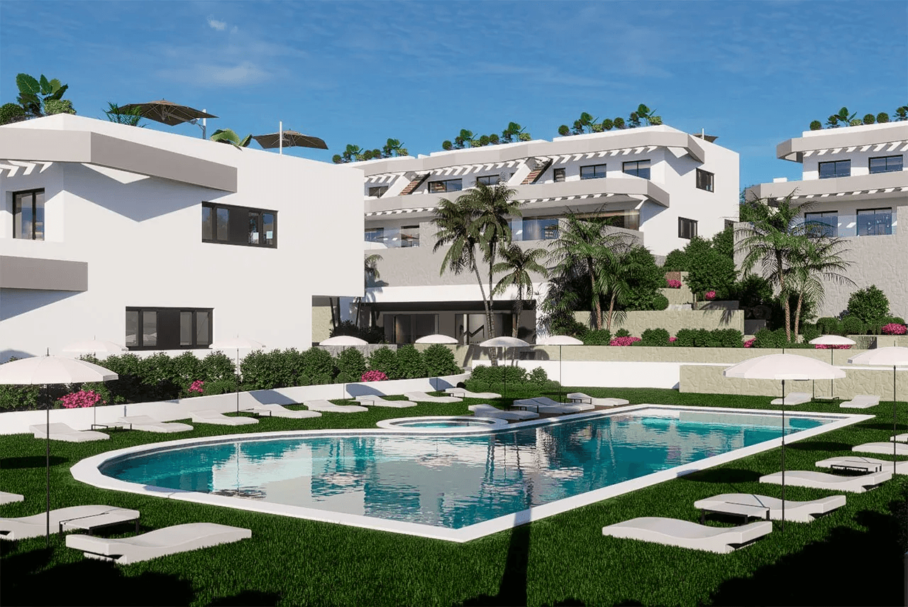 Appartements de 2 chambres au dernier étage avec 2 salles de bains, piscine communautaire et vue sur la mer