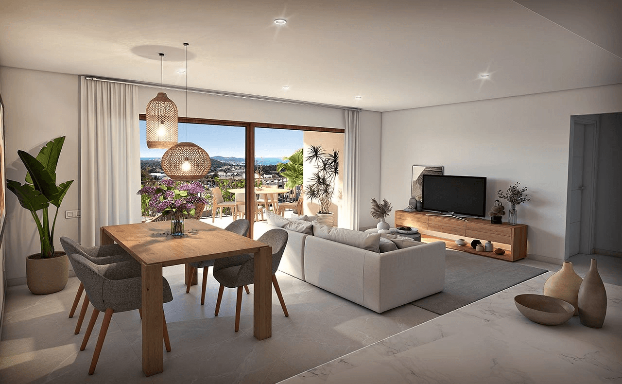 Appartements avec 2 chambres, 2 salles de bains, climatisation, piscine commune, place de parking souterrain et vue sur la mer