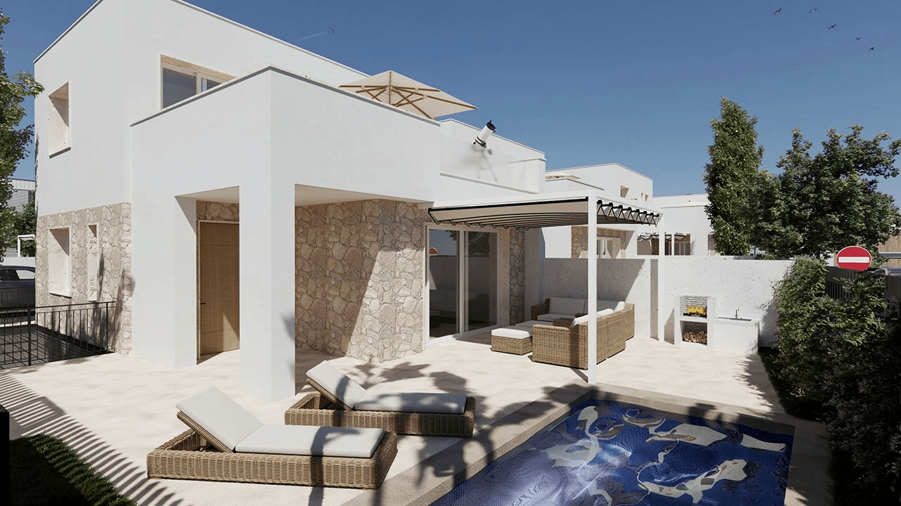 Modernas villas de 3 dormitorios y 3 baños con aseo, sótano, aire acondicionado y piscina privada en un paisaje muy bonito