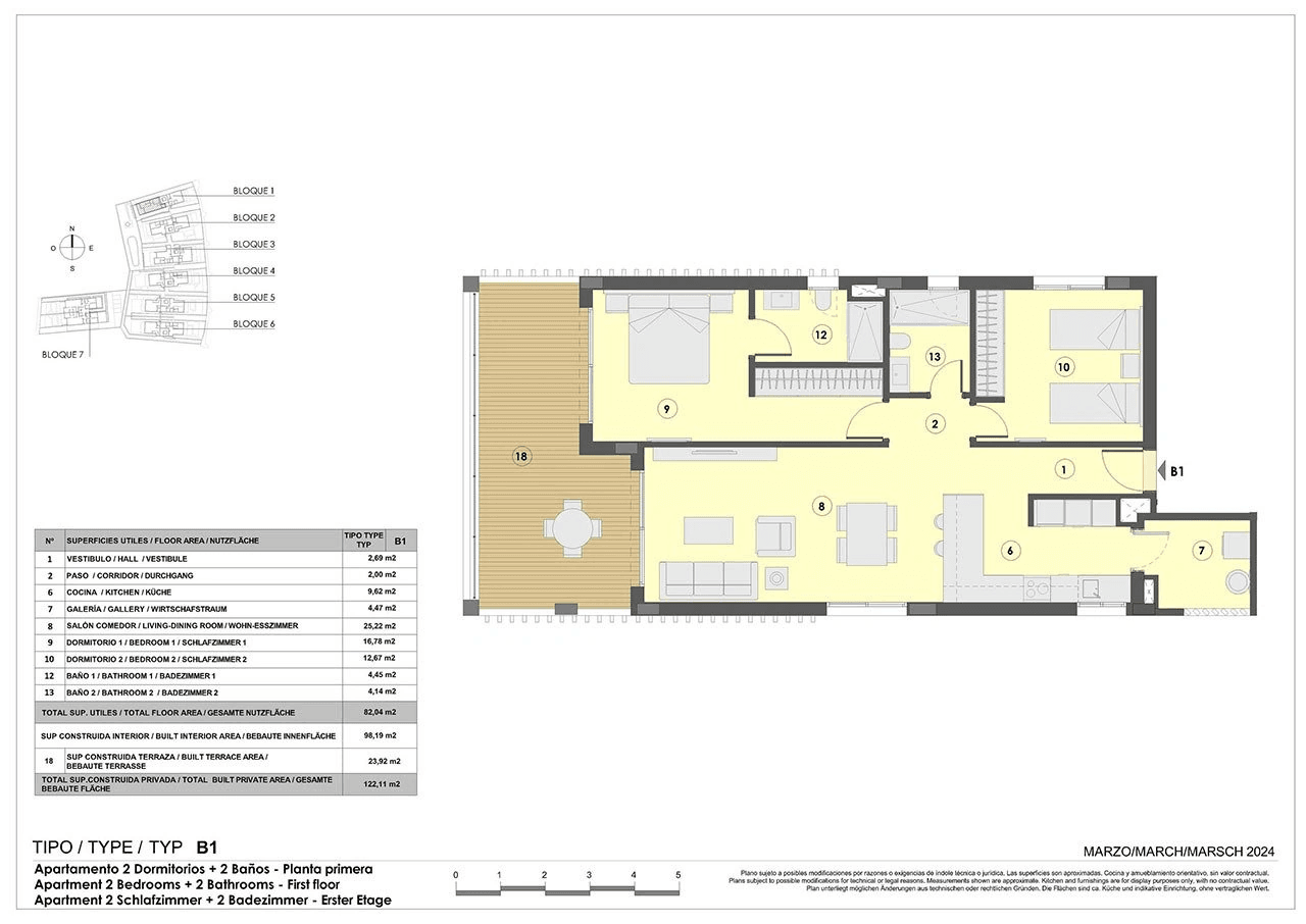 Appartements mit 2 Schlafzimmern, 2 Bädern, Fußbodenheizung in Bädern, Klimaanlage und Gemeinschaftspool nur 300 m vom Strand