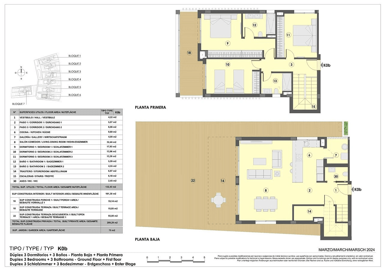 Maisonette-Wohnungen mit 3 Schlafzimmern, 2 Bädern, Gäste-WC, Fußbodenheizung in Bädern, Klimaanlage und Gemeinschaftspool nur 300 m vom Strand