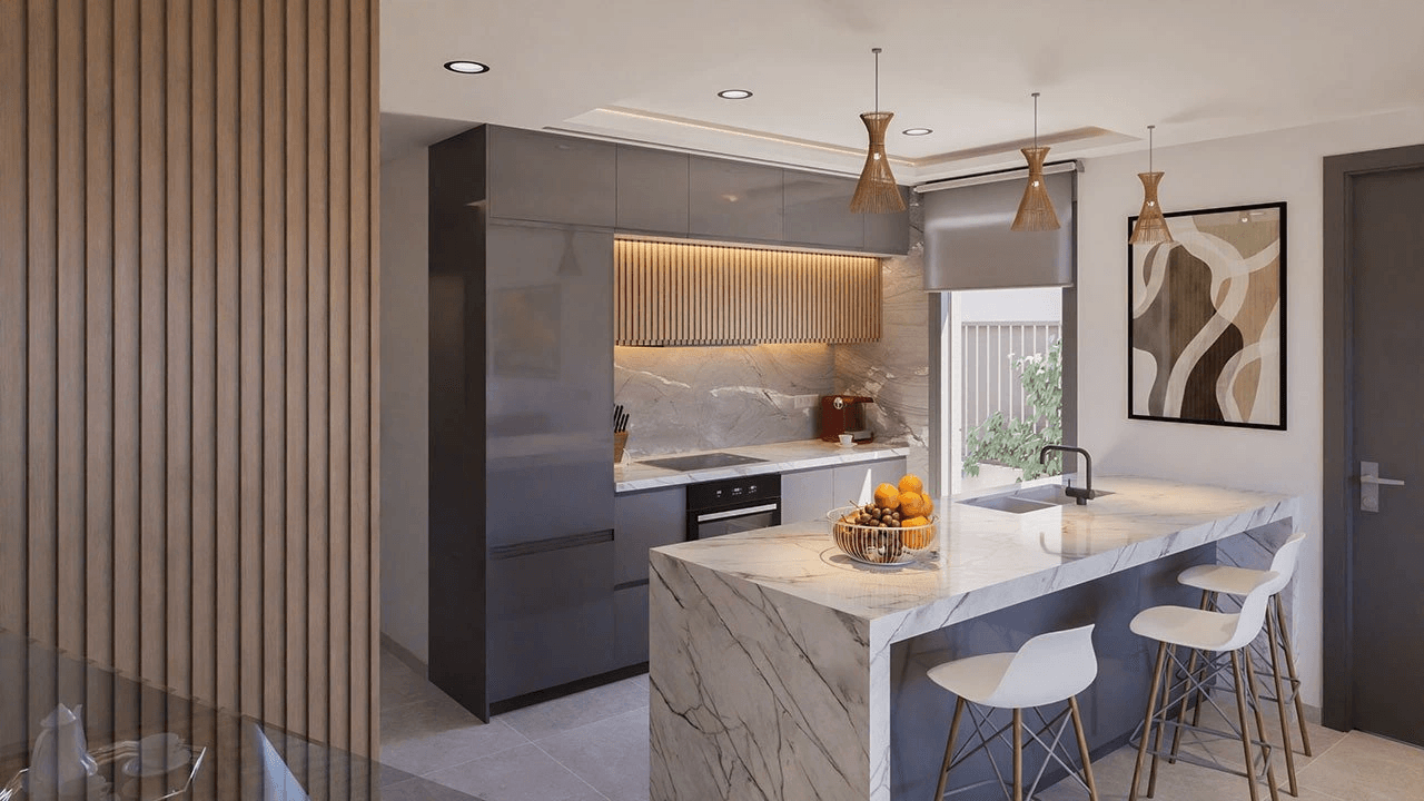 Villas jumelées avec 3 chambres, 3 salles de bains, terrasse sur le toit, pré-installation de la climatisation et piscine privée