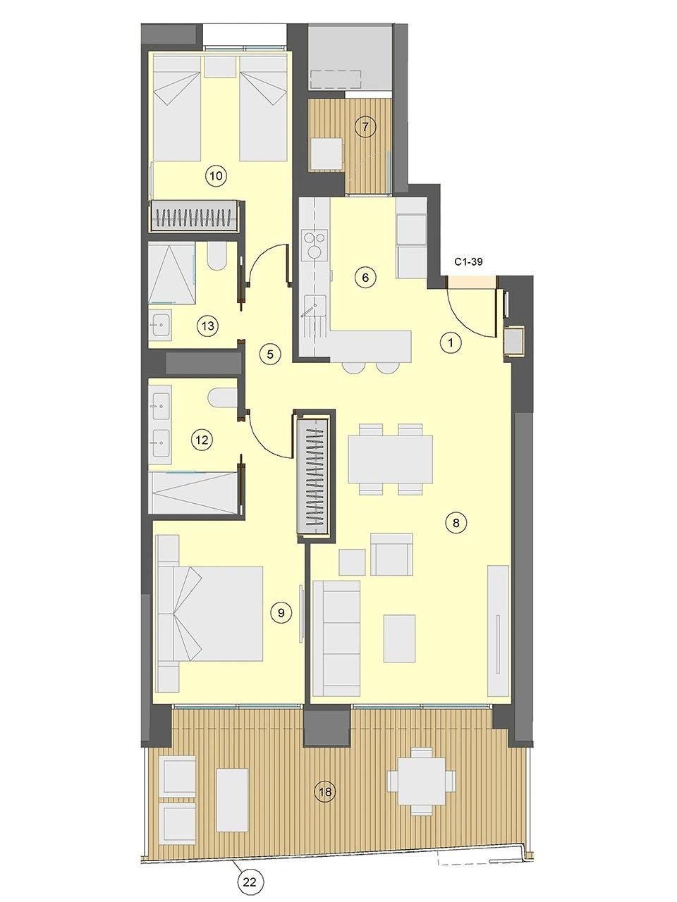 Appartements avec 2 chambres, 2 salles de bain, climatisation et vue sur la mer à seulement 100 m de la plage