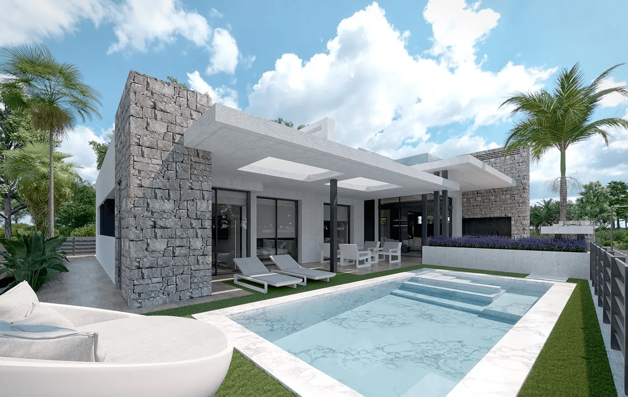 Villas de 3 dormitorios y 2 baños con 2 aseos, sótano, solario, aire acondicionado y piscina privada en el maravilloso Santa Rosalía Resort