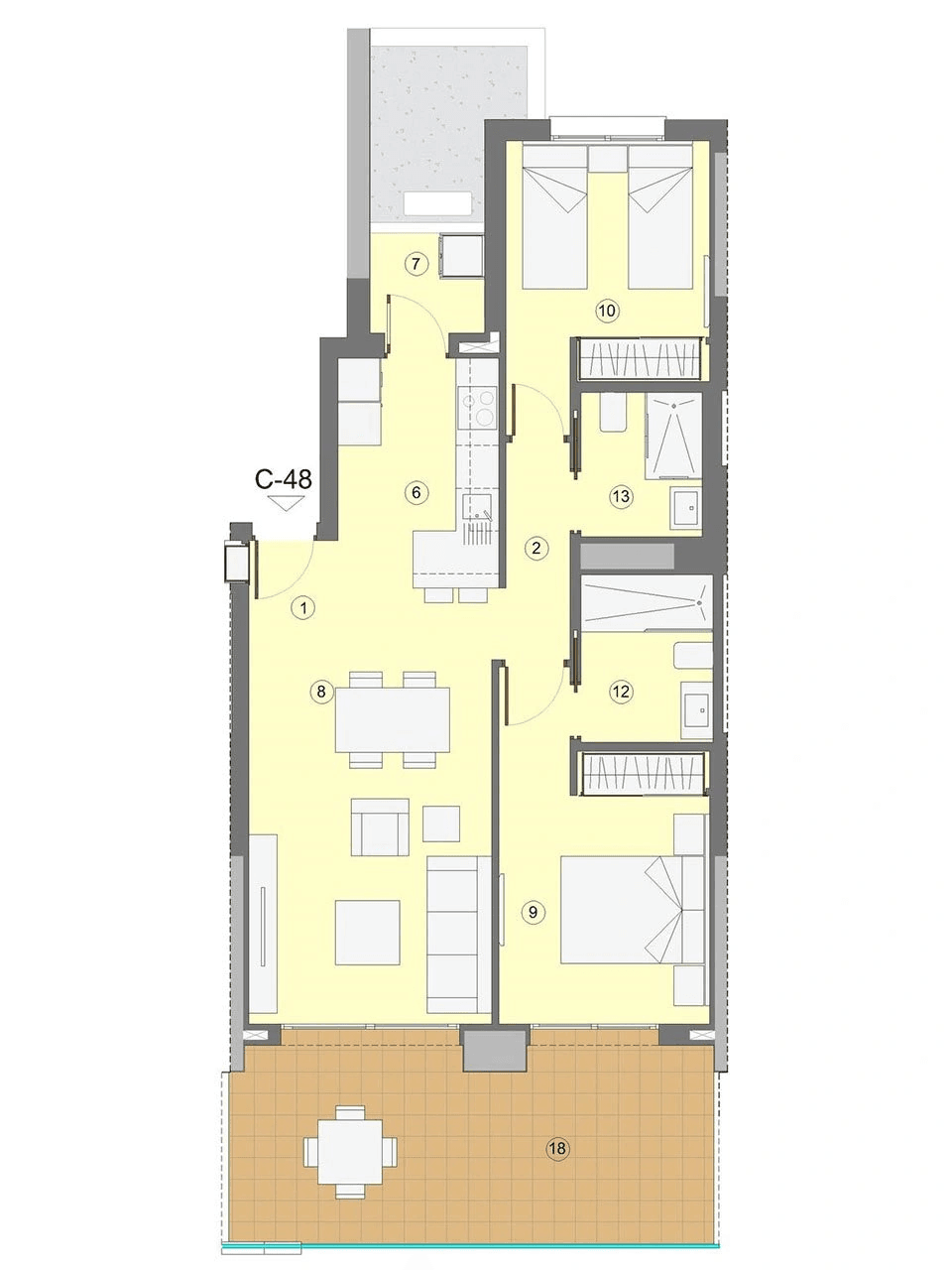 Appartements avec 2 chambres, 2 salles de bain, climatisation et vue sur la mer à seulement 1 km de la plage