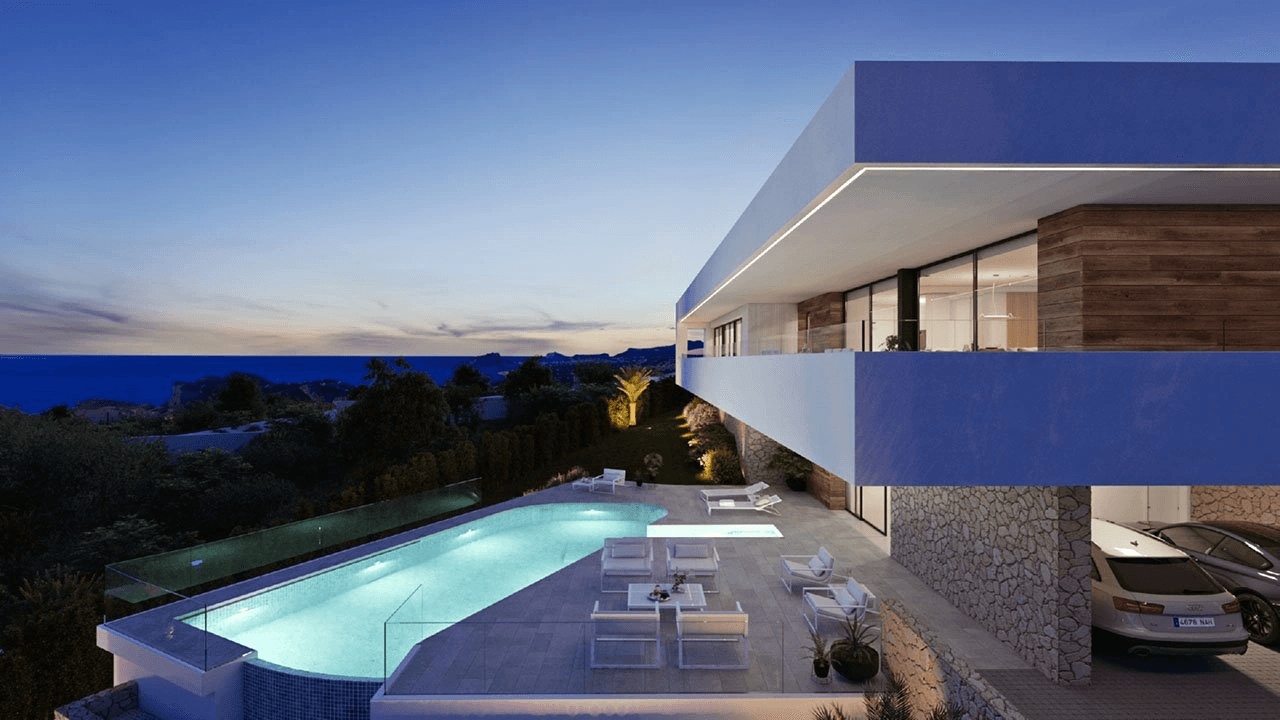 Villa de luxe avec 3 chambres, 2 salles de bains, 2 W.C., cave, climatisation, chauffage au sol, piscine privé et vue sur la mer