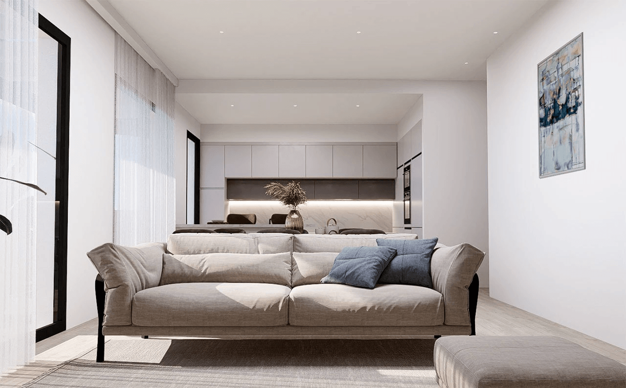 Appartements de 3 chambres au rez-de-chaussée avec 2 salles de bains, piscine communautaire et vue sur la mer