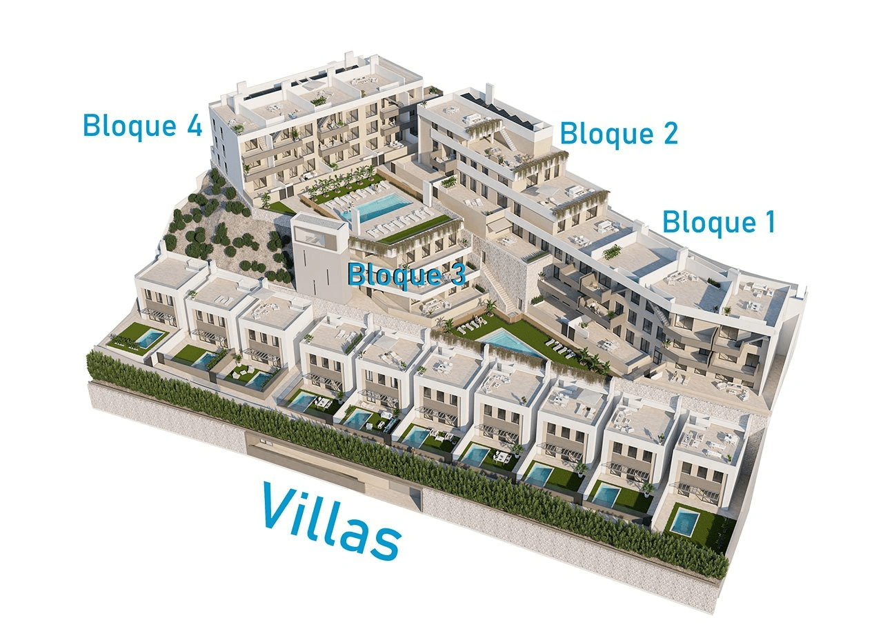 Villas avec 4 chambres, 3 salles de bain, toit-terrace, parking privé et piscine commune à environ 700 m de la plage