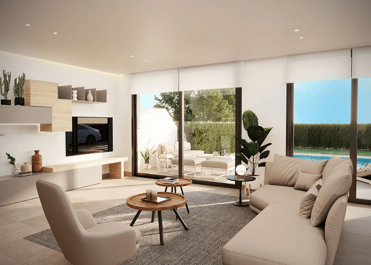 Villas jumelées avec 3 chambres à coucher, 3 salles de bain, chauffage par le sol, climatisation et piscine commune à seulement 500 m de la plage
