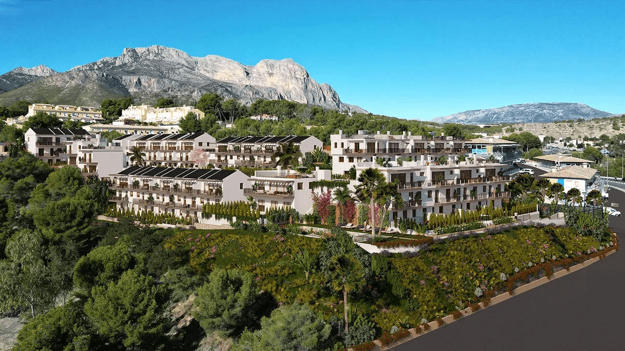 Maisons mitoyennes avec 4 chambres, 3 salles de bains, WC invités, vue sur la mer, climatisation, place de parking et piscine commune