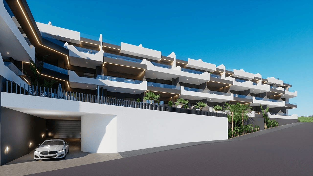 Penthouses avec 2 chambres, 2 salles de bain, toit-terrace, W.C., piscine privée et cuisine équipée moderne avec des appareils électriques