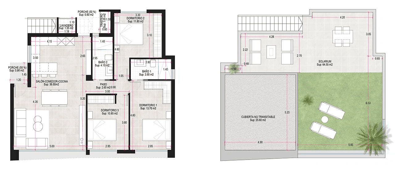 Villas de 3 dormitorios y 2 baños con solario, preinstalación aire acondicionado y piscina privada en el Condado de Alhama Golf Resort