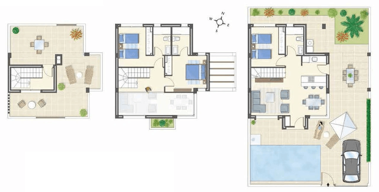 Merveilleuses et chaleureuse villas de 3 chambres avec salles de séjour à double hauteur et piscines privées