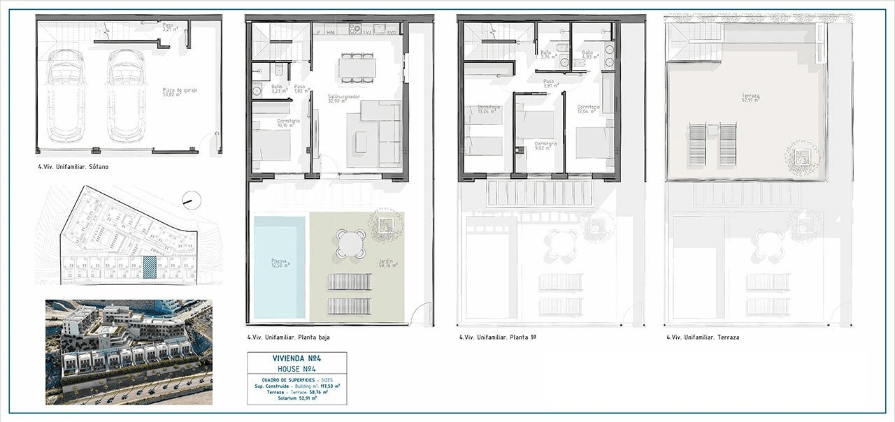 Villas avec 4 chambres, 3 salles de bain, toit-terrace, parking privé et piscine commune à environ 700 m de la plage