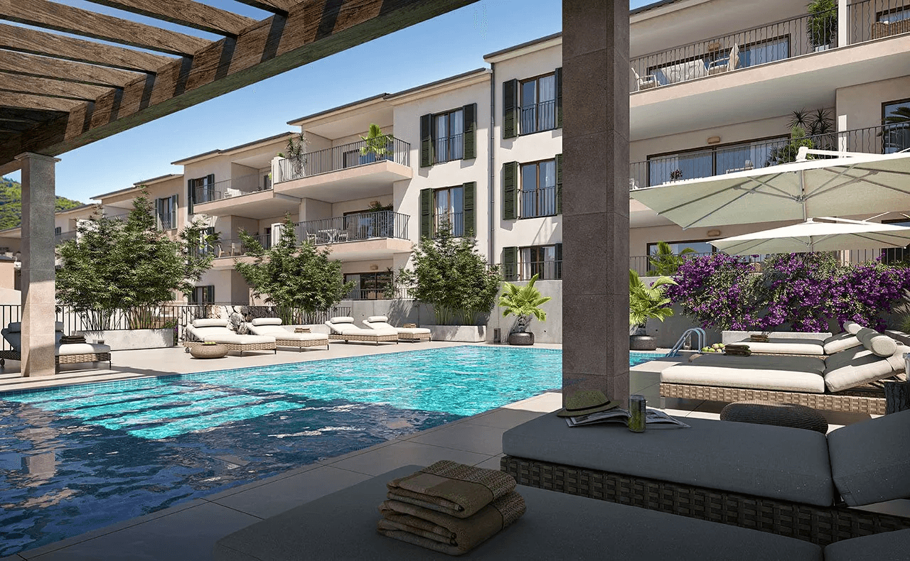 Appartements avec 2 chambres, 2 salles de bains, climatisation, piscine commune, place de parking souterrain et vue sur la mer