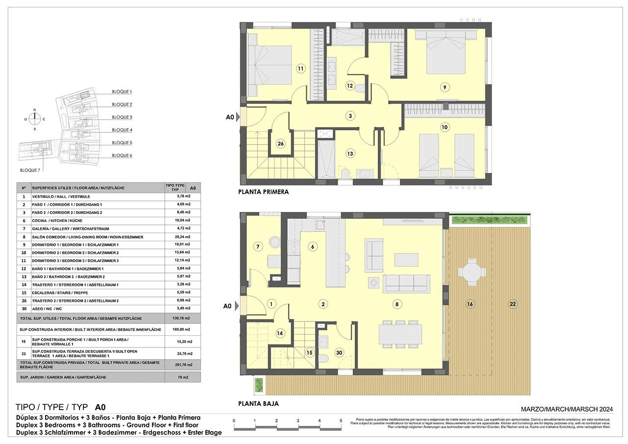 Maisonette-Wohnungen mit 3 Schlafzimmern, 2 Bädern, Gäste-WC, Fußbodenheizung in Bädern, Klimaanlage und Gemeinschaftspool nur 300 m vom Strand