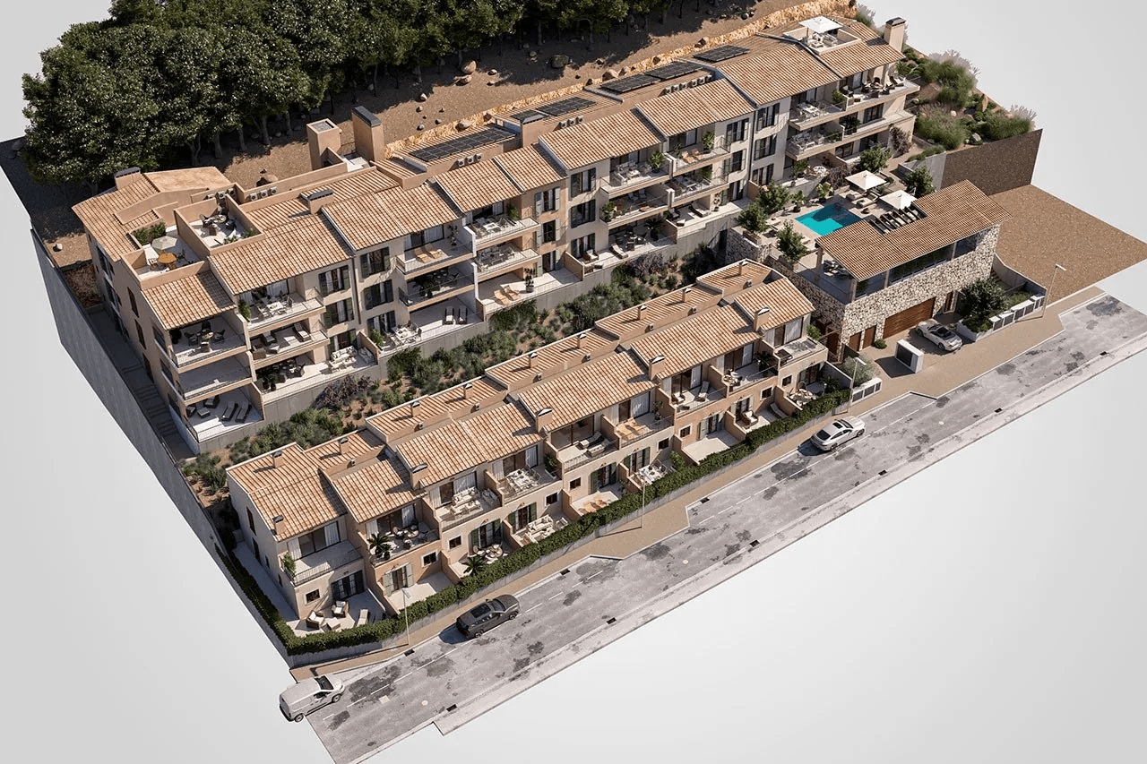 Appartements avec 2 chambres, 2 salles de bains, climatisation, piscine commune, place de parking souterrain et vue sur la mer
